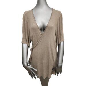Magnolia Pearl Wrap Brown Top Shortsleeve Plunge Ribbed Tie Shirt OS